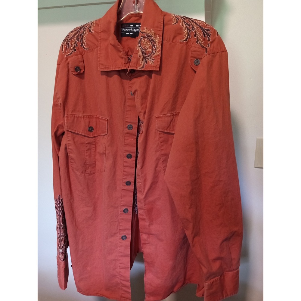 Royal Prestige Mens XL Burnt Orange Embroidered Filigree Western Button up Shirt